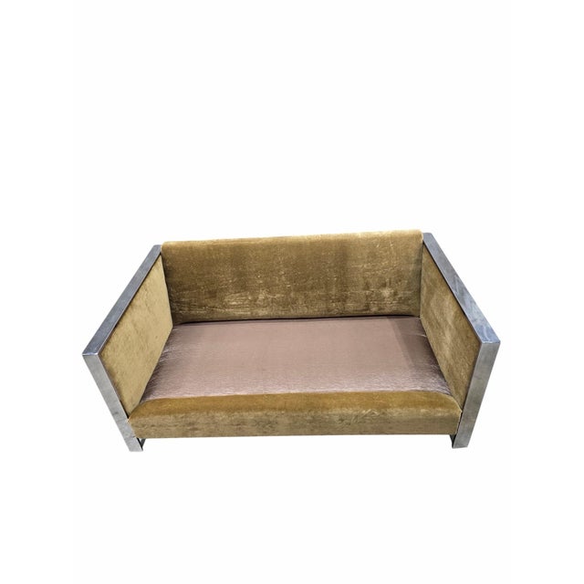 Adrian Pearsall MCM Adrian Pearsall Chrome Flat-Bar Cork-Sided Sofa & Loveseat Set Newly Reupholstered For Sale - Image 4 of 12