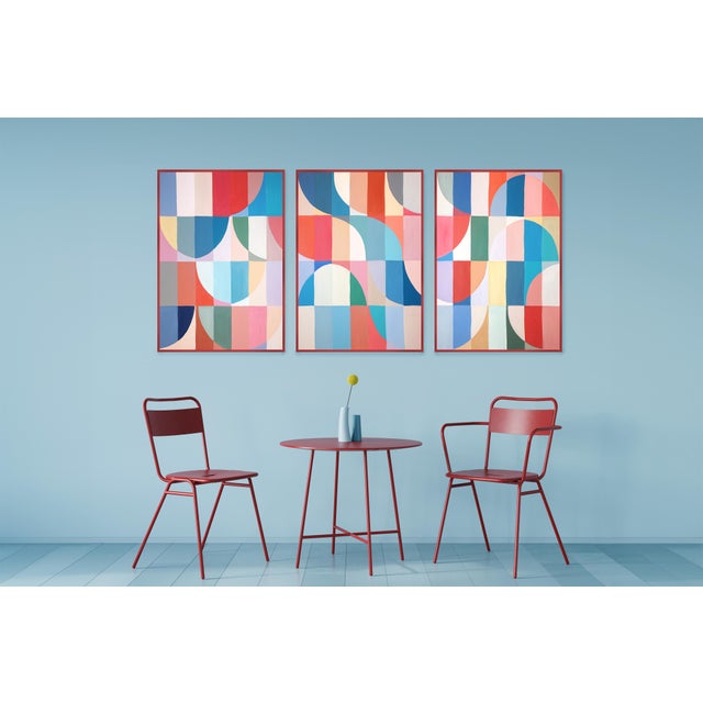 2026, Modern Bauhaus Painting in Vivid Tones of Reflective Whirlpool, Large Triptych, Acrylic Paint on Watercolor Paper For Sale - Image 11 of 11