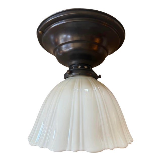 Circa 1910’s Sheffield Style Fluted Cased Glass Ceiling Flushmount For Sale