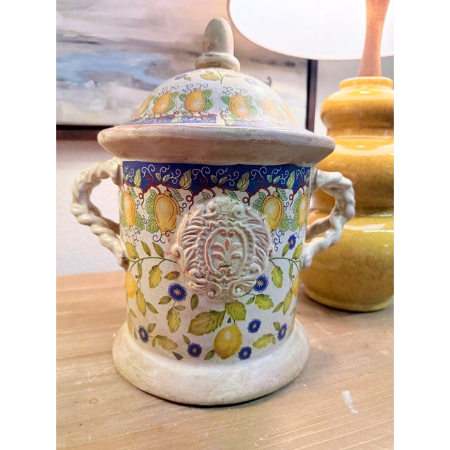 Royal Blue Hand Painted Majolica Lidded Jar Floral Italian Botanical Lemon Tree Design. Gorgeous! For Sale - Image 8 of 10