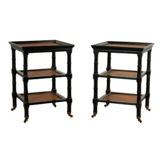 Pair of Vintage British Colonial Style Faux Bamboo Three Tiered Caned Stands For Sale