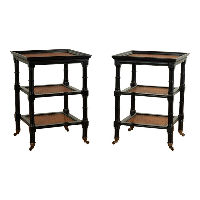 Pair of Vintage British Colonial Style Faux Bamboo Three Tiered Caned Stands For Sale