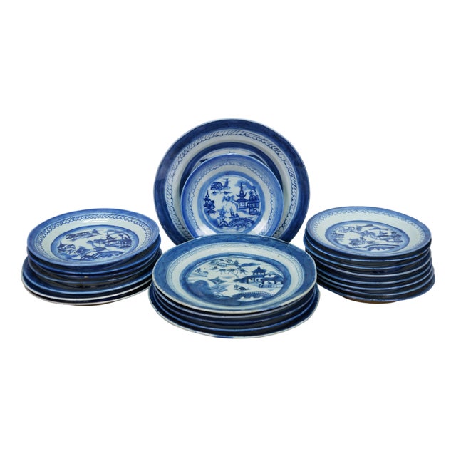 Antique 19th C Chinese Export Canton Blue White Porcelain Dinner Salad Plates - Set of 22 For Sale