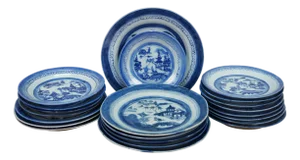 Antique 19th C Chinese Export Canton Blue White Porcelain Dinner Salad Plates - Set of 22
