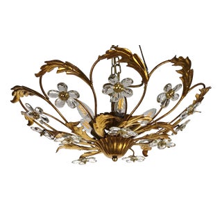 Italian Banci Chandelier in Gilded Metal with Crystal Flower from Banci Firenze, 1950s For Sale