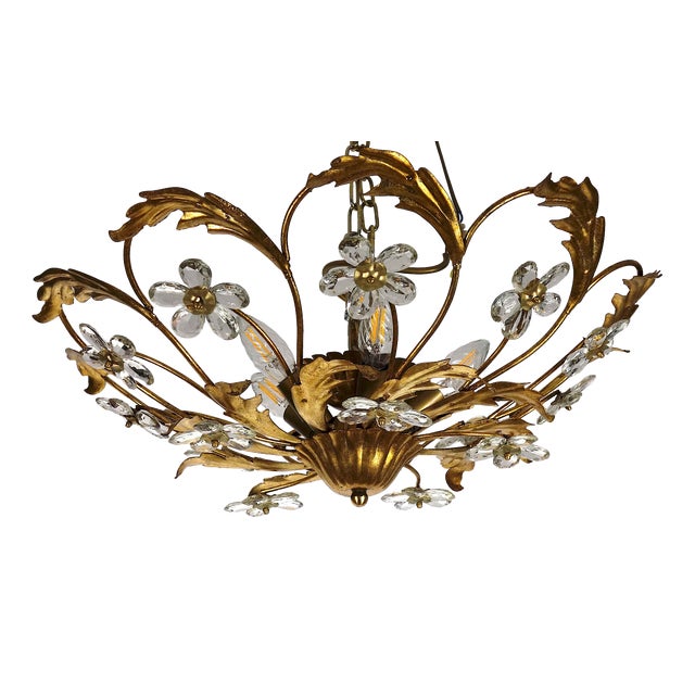 Italian Banci Chandelier in Gilded Metal with Crystal Flower from Banci Firenze, 1950s For Sale