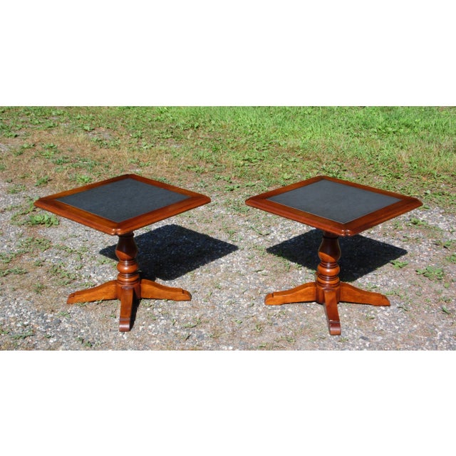 Traditional Vintage Pair Statton Oldtowne Solid Cherry Stone Top Pedestal End Tables For Sale - Image 3 of 13