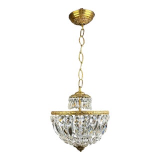 Antique French Empire Basket Style Crystal & Brass Chandelier For Sale