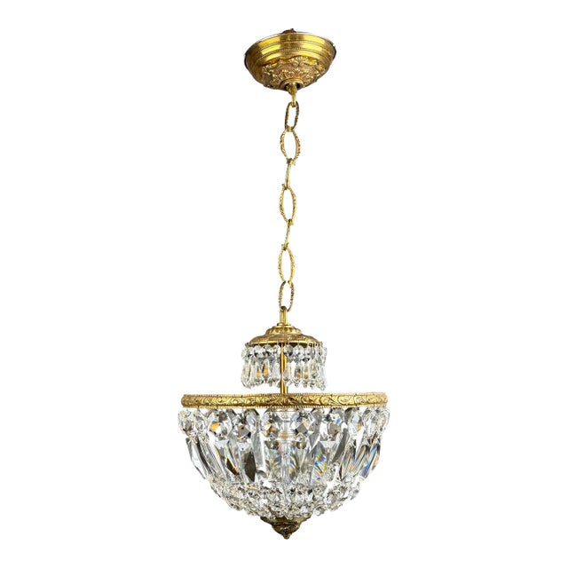 Antique French Empire Basket Style Crystal & Brass Chandelier For Sale