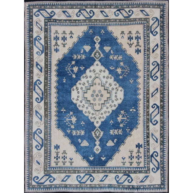 Royal Blue, White and Taupe Vintage Hand Knotted Turkish Rug With Geometric Medallion For Sale - Image 13 of 13