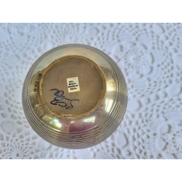 A brass cloisonné floral & striped vase, marked 'Made in India'. So beautiful and measuring 4 1/2" diameter x 3 3/4" h x 2...