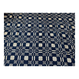 Antique 19th Century Hand Loom Woven Blue and White Coverlet For Sale