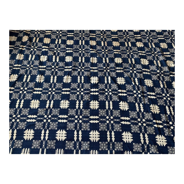 Antique 19th Century Hand Loom Woven Blue and White Coverlet For Sale