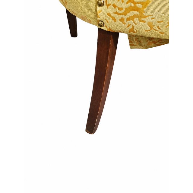 Vintage Wingback Lounge Chair With Solid Wood Frame & Yellow Damask Upholstery For Sale - Image 9 of 9