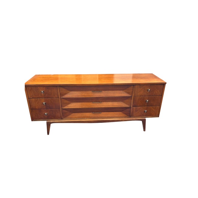 Brown Mid Century Modern Vintage Low Long Dresser or Credenza in Albert Parvin Style Sculpted Design For Sale - Image 8 of 11