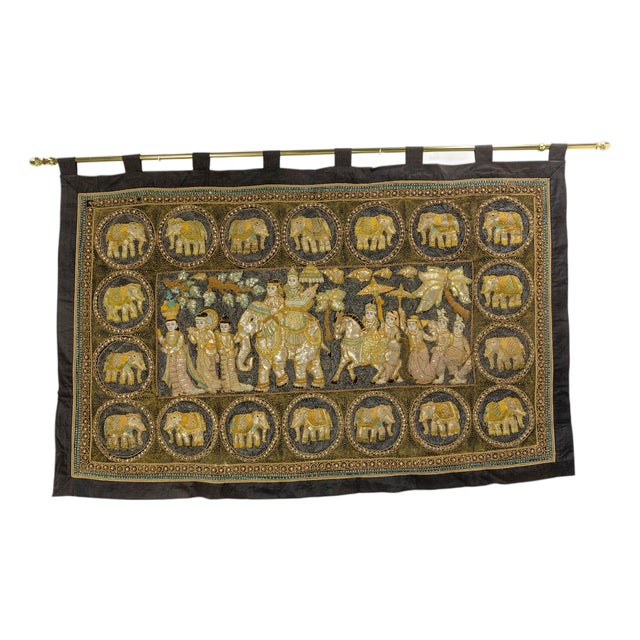 Indian Wall Silk and Sequin Elephants Tapestry, 1900s For Sale