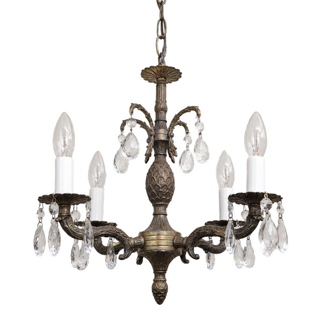 1960s Brass Pineapple Crystal Four-Light Chandelier For Sale