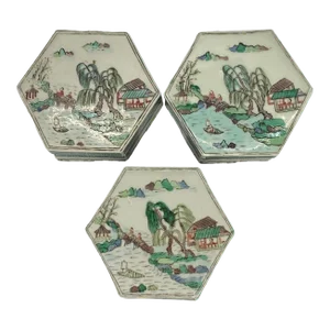 Early 20th Century Small Chinese Famille Verte Hexagonal Porcelain Hand Painted Boxes With Lids - Set of 3