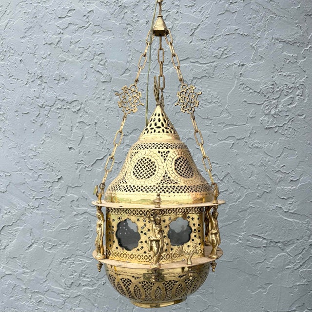 Vintage Moroccan Middle Eastern Style Brass Pendant Lamp For Sale - Image 4 of 11