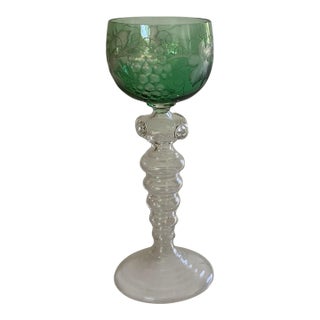 Vintage German Theresienthal Crystal Römer Glass 7.5" Green Cut to Clear Etched Grapes Spun Rib Foot 1950s-1970s For Sale