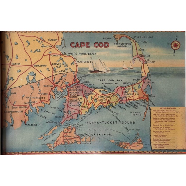 A charming mid-century pictorial map of Cape Cod, Massachusetts. This vintage offset lithograph captures the whimsical...