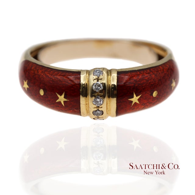 Vintage Faberge 18k (750) Solid Yellow Gold Red Enamel Diamond Ring, Size 7.5 For Sale - Image 9 of 12
