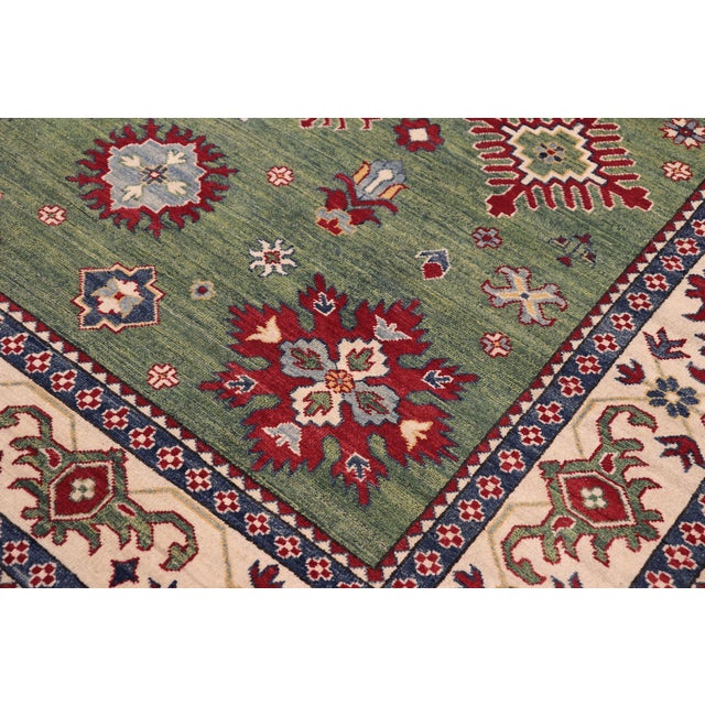 Abstract Boho Chic Kazak Light Green/Beige Wool Rug - 8'3''x9'5'' For Sale - Image 3 of 10