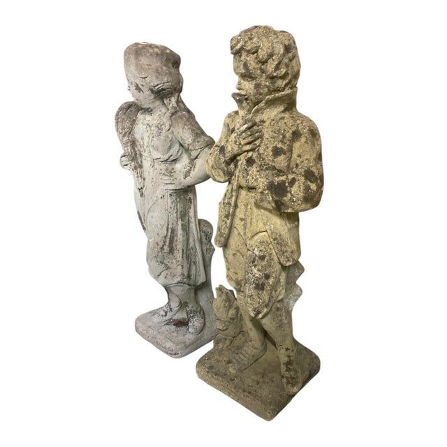 English Pair of Vintage Weathered Cast Stone "Country Life" Garden Statues For Sale - Image 3 of 8