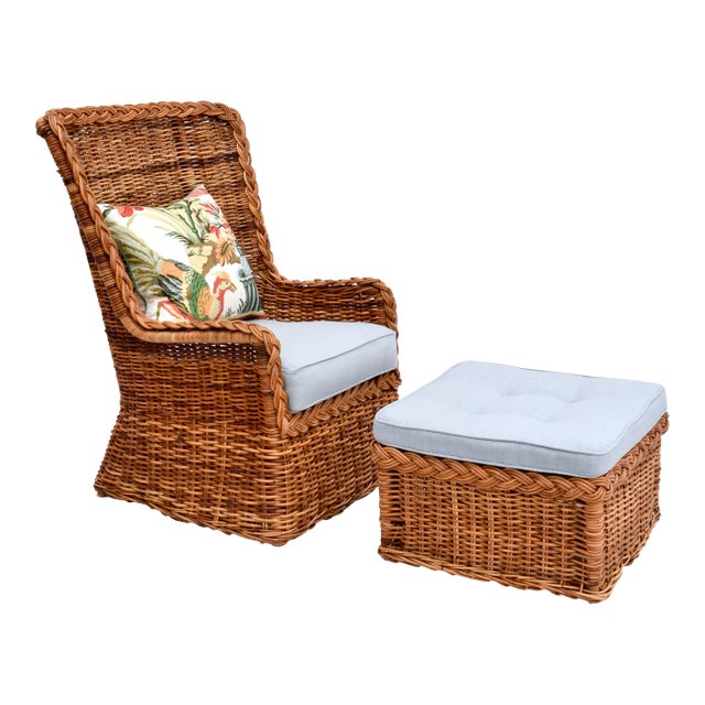 1960s Michael Taylor for Baker Braided Wicker Wingback Ottoman Set For Sale