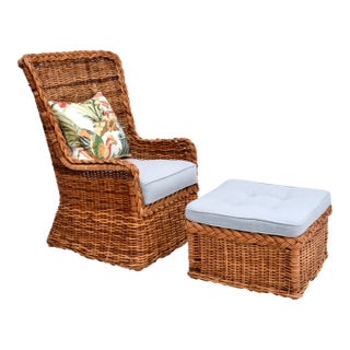 Michael Taylor Wingback Chair & Ottoman Set, Braided Wicker, 1960s For Sale