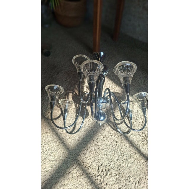 Tulip-Shaped Chandelier in Chrome Metal and Thick Glass, 1930s For Sale - Image 6 of 17