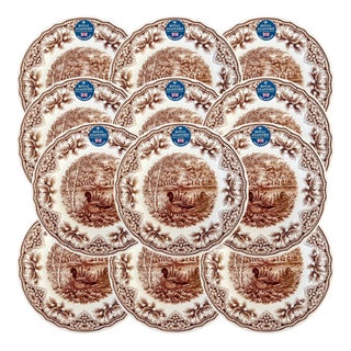 Royal Stafford English Brown Transferware Ducks & Acorns Thanksgiving Dinner Plates - Set of 12 For Sale