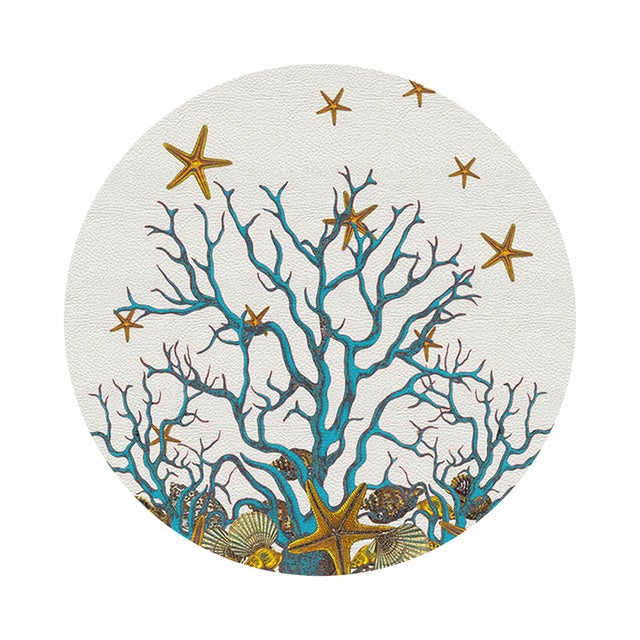 2020s Coral Reef Vegan Leather Round Pebble Placemat, White Turquoise, Set of 4 For Sale - Image 5 of 5