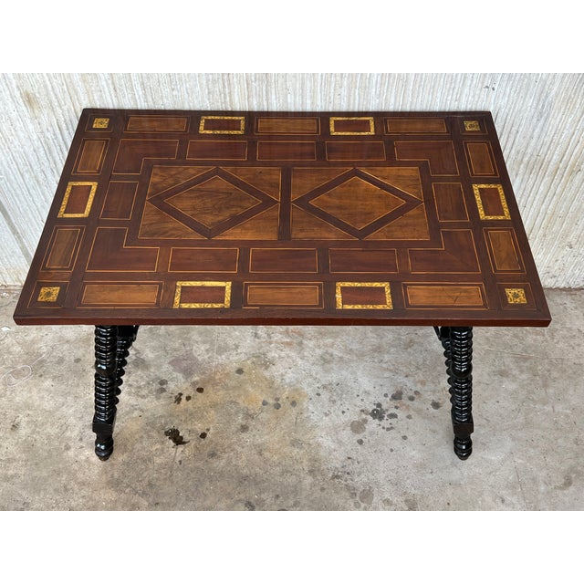 Wood 19th Century Baroque Spanish Side Table With Marquetry Top and Iron Stretcher For Sale - Image 7 of 13