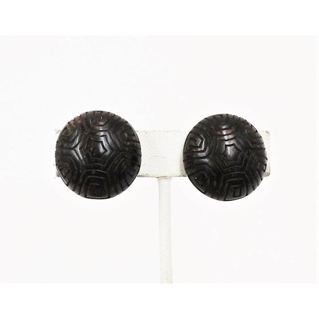 Plastic Vintage 1970s Crown Trifari Brown Round Domed Maze Clip Earrings - 2 Pieces For Sale - Image 7 of 9