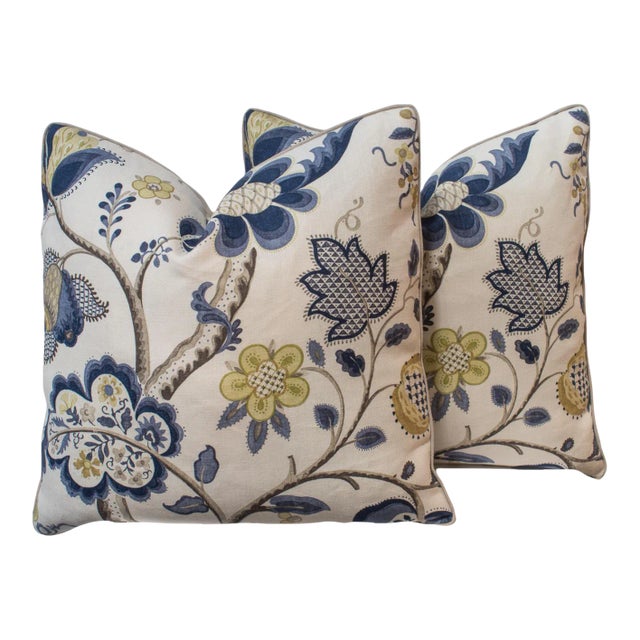 Custom Pair of Linen Floral Print Pillows For Sale