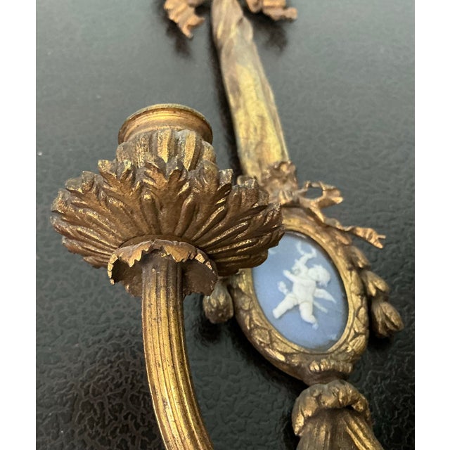 Metal Antique French Louis XVI Style Gilt Bronze Ribbon Jasperware Putti Sconces - Pair For Sale - Image 7 of 9