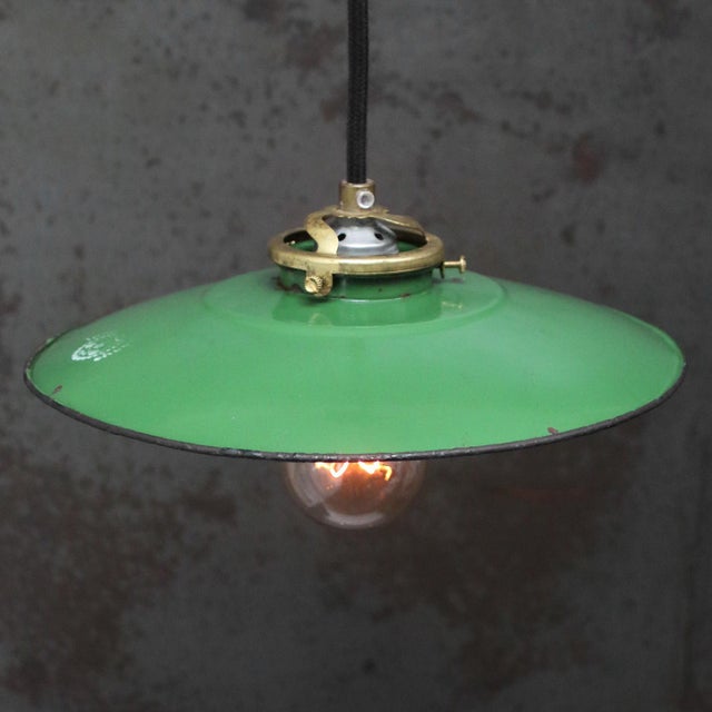 French Green Enamel & Brass Pendant Light For Sale - Image 6 of 8