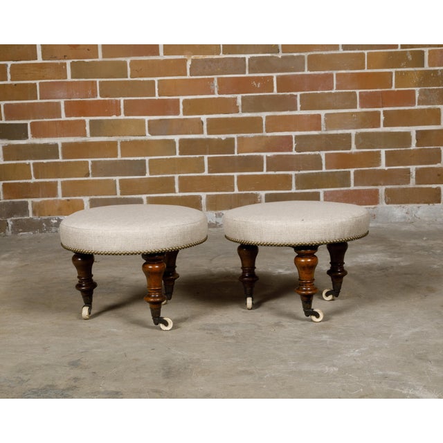19th Century Pair of English Mahogany Stools with 19th Century Turned Legs on Casters For Sale - Image 5 of 10