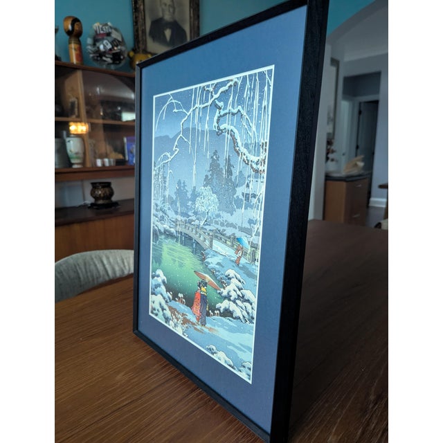 Blue Vintage Tsuchiya Kōitsu Woodblock Print "Snow at Miyajima" — 1986 Sekai-Do Tokyo Framed For Sale - Image 8 of 12
