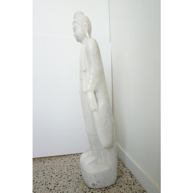 Asian Standing Buddha Mandalay Style in Hand Carved White Marble For Sale - Image 3 of 10