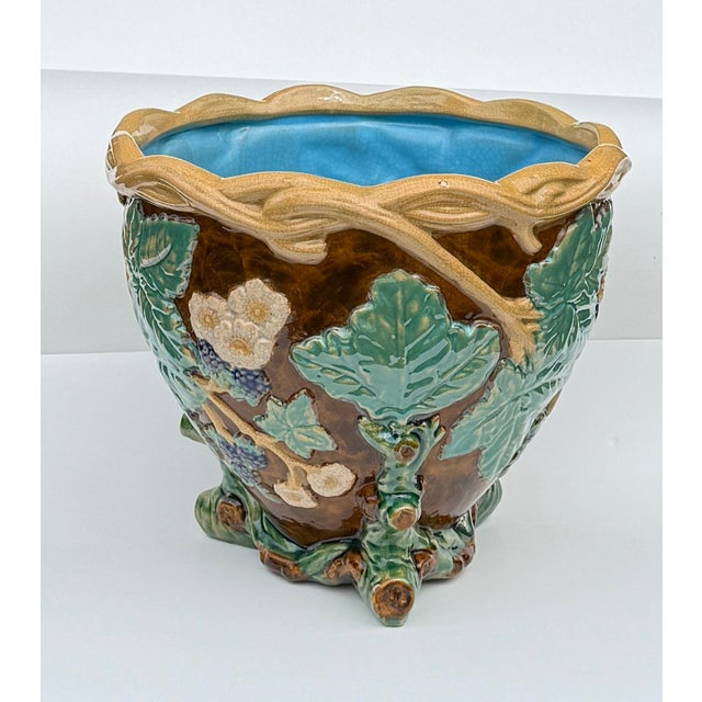 Early 20th Century Antique Majolica Faux Bois Ceramic Jardiniere, Japan For Sale - Image 5 of 11