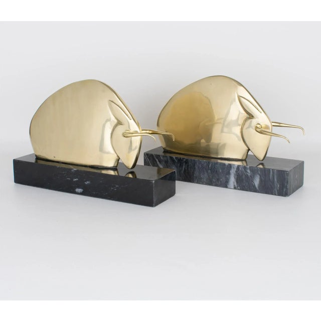 Art Deco Polished Brass and Marble LongHorn Bull Bookends For Sale In Atlanta - Image 6 of 14