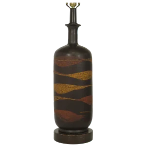 Midcentury Ceramic Snakeskin Pattern Brown Lamp on Wood Base