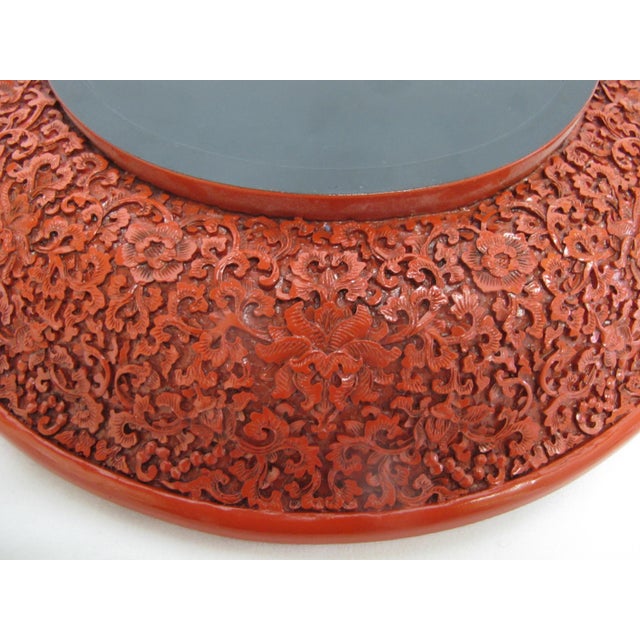 Early 20th Century Chinese Carved Cinnabar Red Lacquer Lotus Bat Fish Design 11 1/4" Charger Plate For Sale - Image 5 of 14