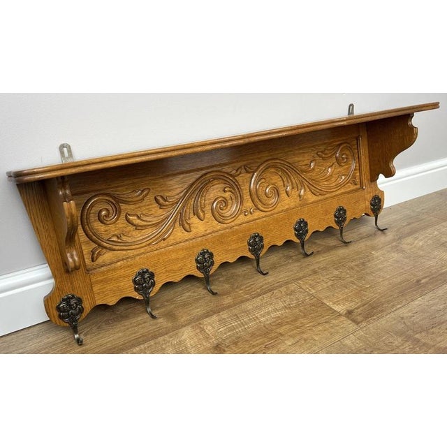 Vintage French Carved Oak 7-Hook Wall Coat Rack For Sale - Image 10 of 10