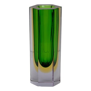 Murano Glass Sommerso Hexagonal Vase in Green, Yellow and Lilac, 1960s For Sale