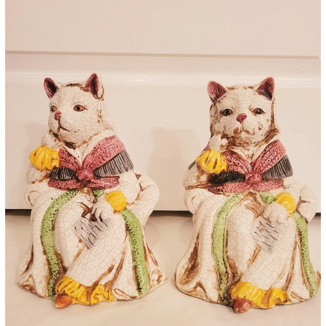 Vintage Colorful Regency Ceramic Staffordshire Sitting Throne Cats Statue- a Pair For Sale - Image 10 of 10