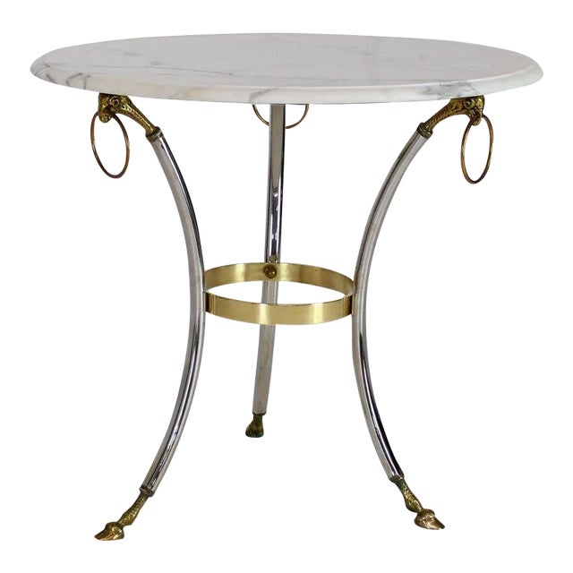 1970s Mid-Century Modern Brass Chrome Marble-Top Hoof Feet Large Rings Accents Table For Sale - Image 12 of 12