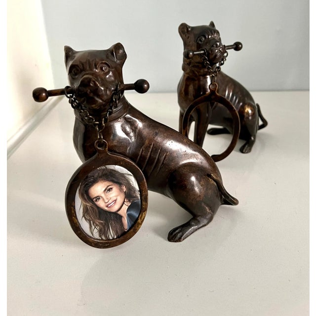 Mid-Century Modern Mid 20th Century Bronze Boxer Dog Holding an Oval Picture Frame Bookends - A Pair For Sale - Image 3 of 10